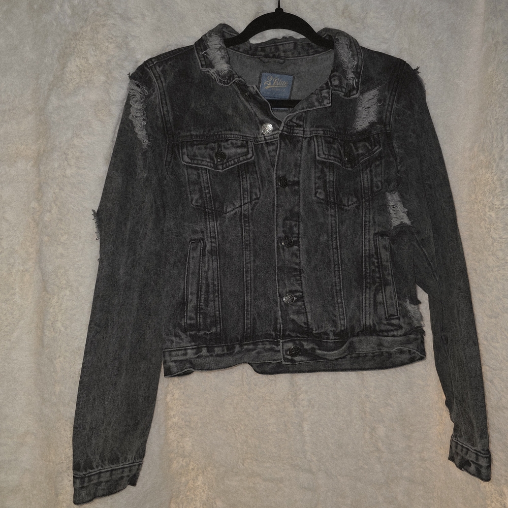 L 2 Blue Distressed Black Denim Jacket